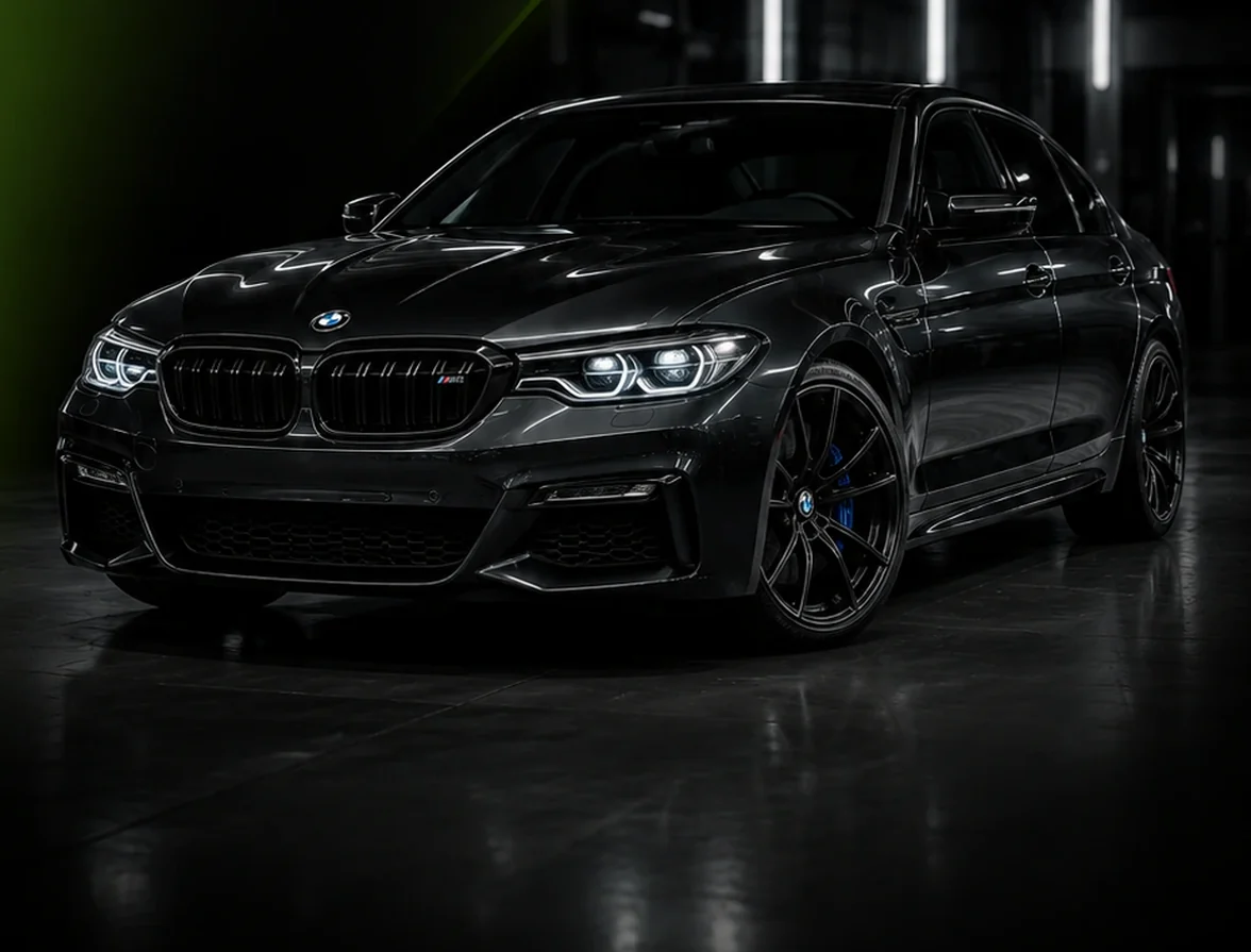 Black BMW M5 lit inside the System X Car Care workshop in Al Quoz, Dubai, Abu Dhabi