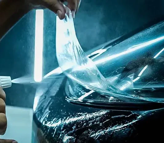 Paint protection film being applied to a car panel at the System X Car Care workshop in Al Quoz, Dubai, Abu Dhabi